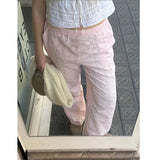 Purpdrank  Women Summer Kawaii Y2K Eyelet Embroidery Wide Leg Pants Elastic High Waisted Palazzo Loungewear Pants Causal Loose Trousers
