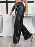 Purpdrank  Women's black rivet wide-leg jeans, fashionable, punk style, casual, loose, denim long pants