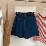 Purpdrank  Dark Blue Pleated Denim Shorts for Women 2025 New Summer High Waist Thin Wide Leg Jeans Shorts Casual Loose A-line Hot Pants