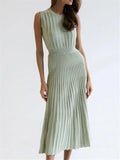 New Summer Sleeveless Women's Knitted A-Line Dresses High Waist Casual Korean Khaki Umbrella Midi Dresses Female
