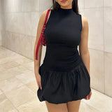 Purpdrank  Bubble Dress Women Summer Solid Color Round Neck Sleeveless Ribbed Mini Dress y2k Clothes Going Out Party Dresses