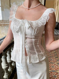 Purpdrank  French Style Vintage Bow Tie Blouse Tank Camis Women Lace Sexy White Sleeveless Women Vacation Party Beige Casual Ladies Tops