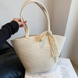 Purpdrank  Portable Straw Woven Tote Bag Handmade Large Capacity Shoulder Bags Hollow Out Button Braided Underarm Bag Women
