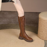 Purpdrank - 2023 New Genuine Leather Lace-up Boots Women Zip Fashion Knee High Boots Thick Fur Winter Warm Motorcycle Boots Platform Boots