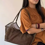 Purpdrank  New Mesh PU Leather Tote Bag Cluth Bag Large Capacity Buckle Woman Luxury Designer Travel Luggage Bag Shopper Handbag
