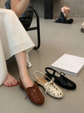 Purpdrank  Retro Hollow Lace-up Low Heel Pumps Women Fashion Roman Style Brand Designer Shoes Comfortable Round Toe Back Strap Casual Shoes