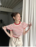 Purpdrank  Vintage Striped Women's Knitted T-shirts 2025 New Summer Casual Loose O-neck Hollow Out Knitwear Short Shirts Top Female
