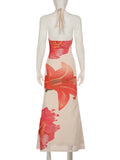 Purpdrank  Summer Fashion Sheer Mesh Floral Print Long Dress Women Sexy Halter Swinging Collar Sleeveless Backless Holiday Maxi Dress