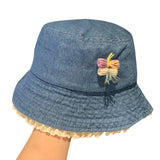 Purpdrank  Women Girls Denim Bucket Hats Spring Summer Wide Brim White Lace Trim Sun Protection Cap for Outdoor Beach Fashion Fisherman Hat