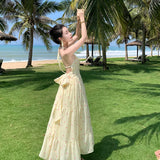 Purpdrank  Little Yellow DressVHalter Neck Floral Dress Summer Dopamine Style French Waist-Cinching Long Dress