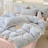 Purpdrank  Princess Style Print Bedding Sets Ruffle Lace Bow Quilt Cover Romantic Bedclothes Home Decor Woman Girl Bedroom Duvet Cover 4pcs