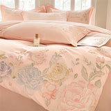 Purpdrank  Beige/Pink Flowers Butterfly Embroidery 100% Cotton Bedding Set Duvet Cover Set Bed Sheet/Fitted Sheet Pillowcases 4Pcs Bed Sets