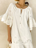 Purpdrank   White Lace Embroidered Dresses Women Summer Short Sleeve Tassle O-Neck Mini Dress Casual Loose Holiday Beach Boho Dress Vestidos