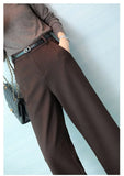 Purpdrank  Women's Autumn/Winter New Petite Casual Pants Cropped Bell Bottoms With Belt BlackWoolen Long Pants Versatile Nine-Seven-Five Pa