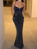 Purpdrank  Sexy Spaghetti Strap Maxi Dress Women Fashion Sleeveless Slim Cut Out Mesh Spliced Sparkly Sequins Evening Party Long Gown