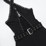 Purpdrank  Sexy Hole Drawstring Bandage Backless Women Rompers 2025 Fashion Ladies Halter Jumpsuits Straight Pant Outfit Goth Black Overall