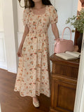 Purpdrank  Summer Cute Floral Printed Puff Sleeve Women's Dress 2025 New Square Collar Casual Loose Umbrella Long Dress Female