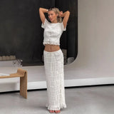 Purpdrank  Sheer Outfits Sexy Women Chiffon Skirt Set Elegant Short Sleeve Button Crop Top Bodycon Layered Ruffle Maxi Skirt Two Piece Set