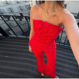 Purpdrank  3D Flower Tube Top Pants Women Sleeveless Backless Slim Pleated Tops Wide Leg Straight Trousers 2025 Summer Elegant Lady Outfits
