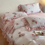 Purpdrank  4Pcs Lyocell Soft Silky Cooling Summer Bedding Set Rose Floral Prints Ruffles Duvet Cover Set Bed Sheet/Fitted Sheet Pillowcases