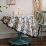 Purpdrank  Round 150Cm Blue Rose Printed Tablecloth Romantic Cotton and Linen Dust-Proof Table Cover Retro Lace Trim Furniture Protector