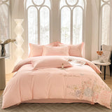 Purpdrank  Beige/Pink Flowers Butterfly Embroidery 100% Cotton Bedding Set Duvet Cover Set Bed Sheet/Fitted Sheet Pillowcases 4Pcs Bed Sets