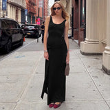 Purpdrank  Elegant U-Neck Sleeveless Bodycon Long Dress Women's Solid Color Ribbon Tie-up Ruched Slim Maxi Dress for Date Night Party