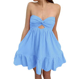 Purpdrank  Strapless Mini Dress y2k Women Solid Color Off Shoulder Sleeveless Ruffle Hem Dress with Pockets Evening Party Dresses