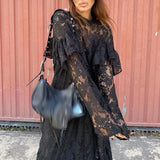 Purpdrank  Vintage O Neck Embroidery Ruffle Stitching Lace Mesh Long Dress Women Sexy Hollow Perspective Loose Party Dresses for Women New