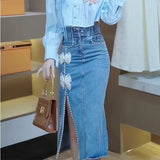 Purpdrank  Jeans Skirts for Women Gyaru Midi Woman Denim Skirt with Slit Cute Kawaii High Waist Clothing Trend 2025 Cheap Chic and Elegant