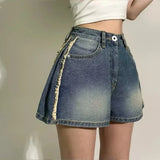Purpdrank  Vintage High Waist Women's Denim Shorts Tassel 2025 New Single Button Casual Loose Wide Leg Short Jeans Pants Female