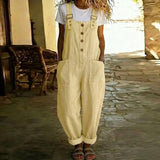 Purpdrank  Hollow Off Shoulder Solid Summer Romper Sleeveless Button Pocket Wide-leg Playsuit Cotton Linen Suspender Casual Women Jumpsuits