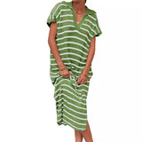 Purpdrank  Women Dress Long Dresses Knitted Turn Down Collar Short Sleeve Print Striped Casual Loose Elegant Splice Summer Vestidos