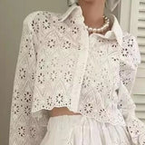 Purpdrank  Luxury Women's Blouse Set and Skirt Flower Hollow Hook Lace Shirt+High Waist Cake Skirt Set New Collection White Dress Set