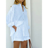 Purpdrank  Trendy Cotton Jacquard Striped Long-sleeved Shirt Lapel Shorts Two-piece Set Women Outfit Shorts Sets Beach Vacation Casual Suit