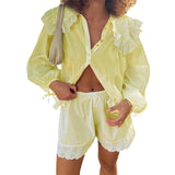 Purpdrank  Women Ruffles Set Long Puff Sleeve Babydoll Blouse Shirt Coquette Eyelet Shorts Set 2 Piece Outfit 90s Vintage Y2k Streetwear