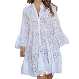 Purpdrank  Summer Elegant Lace Dress Casual Women V-neck Loose Hollow Buttons White Dress Women Vintage Beach Sexy Mini Dresses 27725