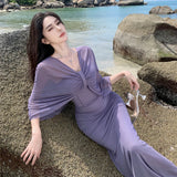 Purpdrank  French Design Sense Pure Desire Style Strapless Off-Shoulder Dress Retro High-End Banquet Beach Vacation Long Dress