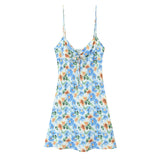 Purpdrank  Pink Floral Print Backless Sling Dress Summer Woman Spliced Lace Bow V neck Mini Short Robe Beach Holiday Vestidos