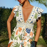 Purpdrank  Tropical Floral Print Season Long Dress Women Sexy V-neck Ruffle Sleeve Holiday Dress Elegant Hight Waist Pleated Party Dresses