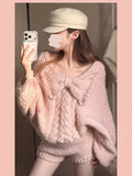 Purpdrank  Korean Sweet Pink Knit Shorts Set Women Cute Bow Design Pullovers + Fit Chic Pants New Kawaii Knitting Pure Desire Outfits