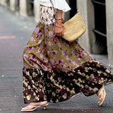 Purpdrank   Spring Summer Vacation Loose Long Skirt Elastic High Waist Hem Bohemian Women's Skirt Vintage Pattern Printed Pleated Half Skirt
