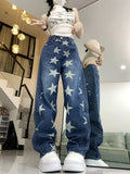 Purpdrank  Splicing Star Print Design American High Street Jeans Women's Niche Loose Straight Leg Pants