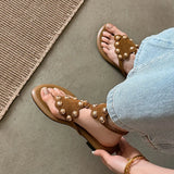 Purpdrank   Women's Black Cow Suede Low Heel Sandal Summer Fashion Studded Decor Thong Sandals Ankle Strap Slip-On Summer Beach Shoes