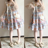 Purpdrank  Japanese Harajuku High Street All Macth Casual Sling Dresses Fashion Sweet Flower Print Plaid A-line Puffly Clothes Summer Dress