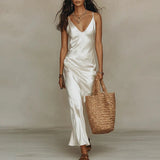 Purpdrank  Spring Summer Bohemian Beach Vacation Dress Sexy Deep V Neck Solid Satin Long Dress New Sleeveless Hollow Out Women's Maxi Dress