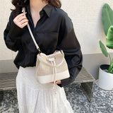 Purpdrank  Straw Woven Design Crossbody Bags For Women Summer Beach Drawstring Bucket Shoulder Bag Big Capacity Designer Handbag