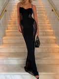 Purpdrank  Sexy Black Sheer Lace Panel Sling Maxi Dress Women's Sleeveless Hollow Out Slim Bodycon Party Gown Formal Prom Night Dress