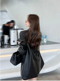 Purpdrank  Retro PU Leather Suit Jacket Women Spring Elegant High Quality Black Blazers Mujer Fashion Luxury Loose Causal Outwear Coats New