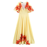 Purpdrank  Summer Short Sleeve V Neck Long Dress Women Yellow Positioning Print A-Line Bohemian Casual Beach Dress
